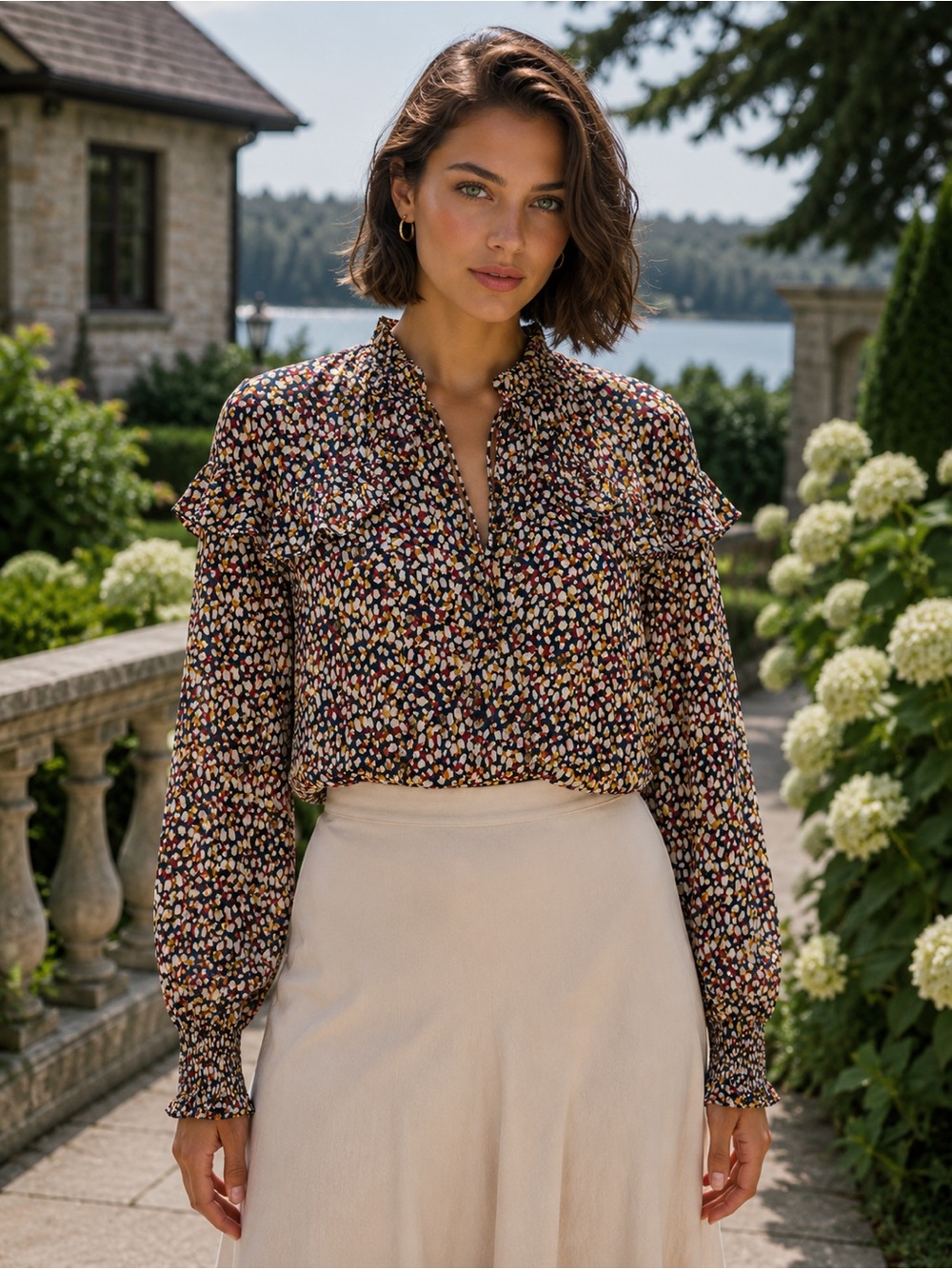 Counterparts Navy Multi-Dot Ruffle Yoke Blouse